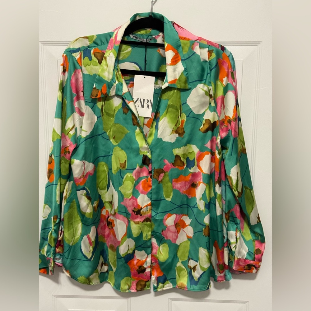 Zara Teal Floral Button-Up Blouse with Pink, Green & White Accents ( 2 Blouses)